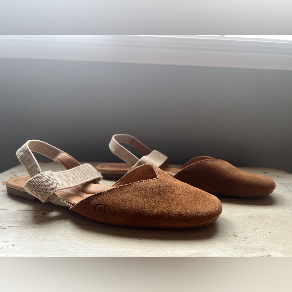 BORN® Coco Slingback Comfort Flat Cognac Brown Suede with Beige Straps Size 9M - Picture 8 of 11